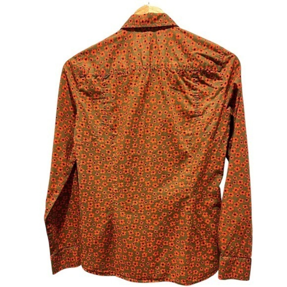 QMack Floral Button Down Shirt Womens S Orange Olive Green Excellent Cotton - Picture 3 of 8